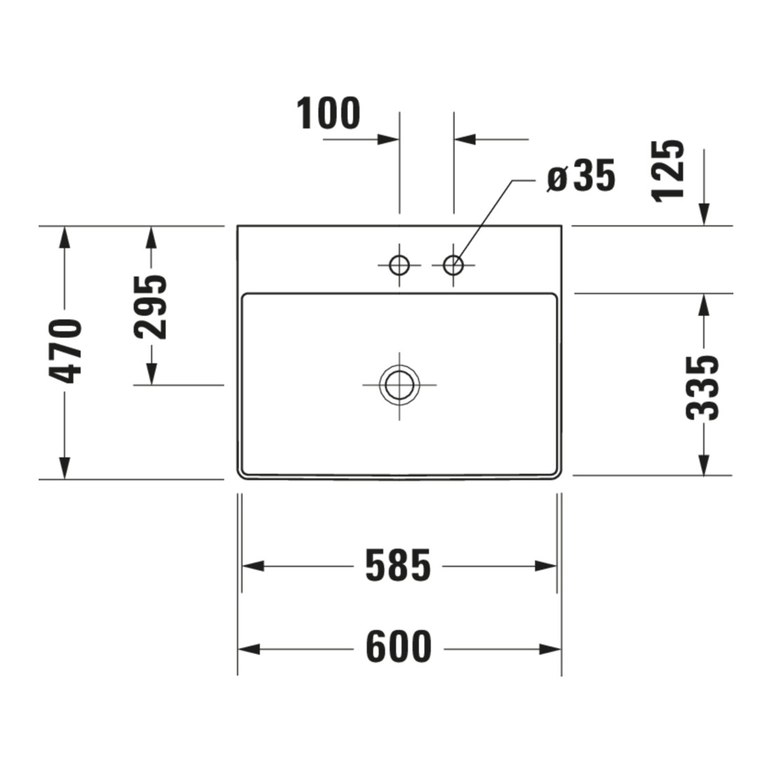 Duravit Möbelwaschtisch DuraSquare 60x47cm, o. ÜL, m HLB, o. Hahnloch, weiß