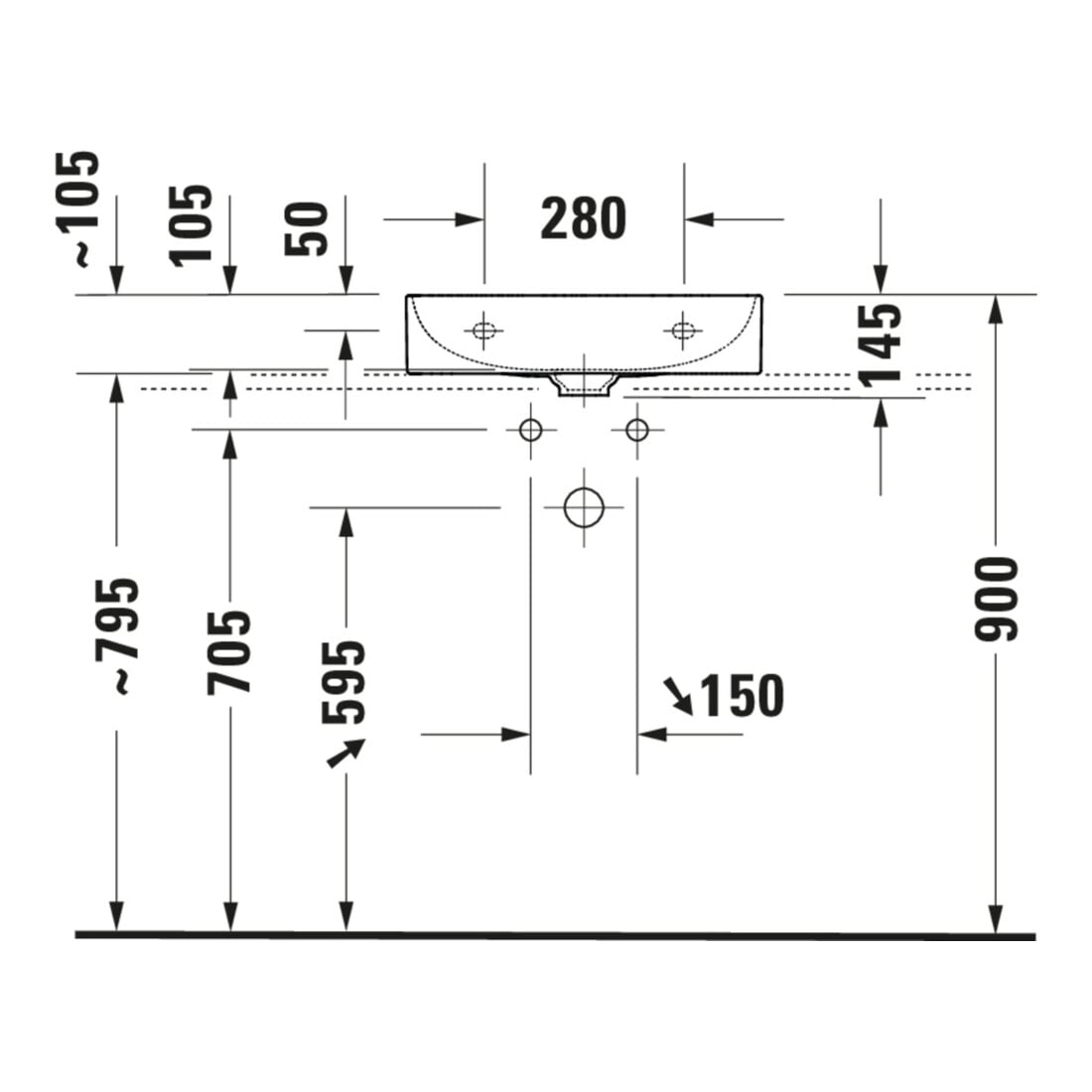 Duravit Möbelwaschtisch geschliffen DuraSquare 50x47cm, o. ÜL, m HLB, o. Hahnloch, weiß