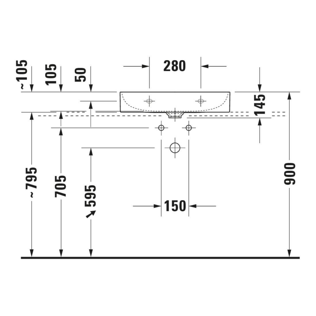 Duravit Möbelwaschtisch geschliffen DuraSquare 60x47cm, o. ÜL, m HLB, o. Hahnloch, weiß