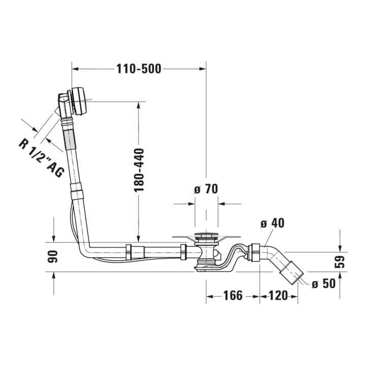 Duravit Quadroval Garniture vidage/débordement avec tirette 65 cm, ø 5,2 cm, pour baignoire, chromé