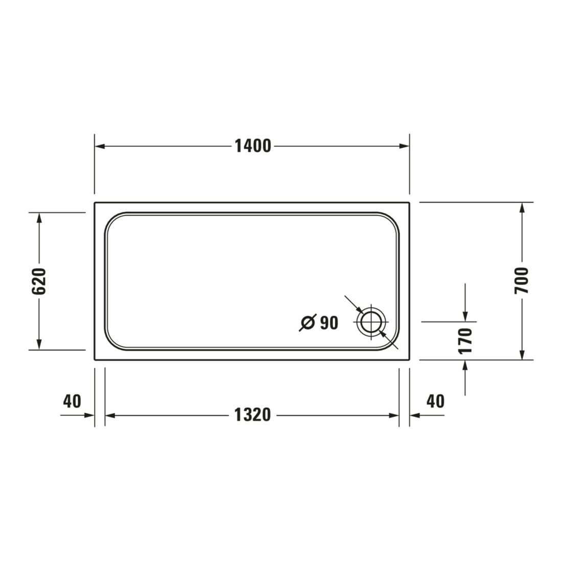 Duravit Receveur de douche rectangulaire D-Code 140x70x8,5 cm, antidérapant, blanc