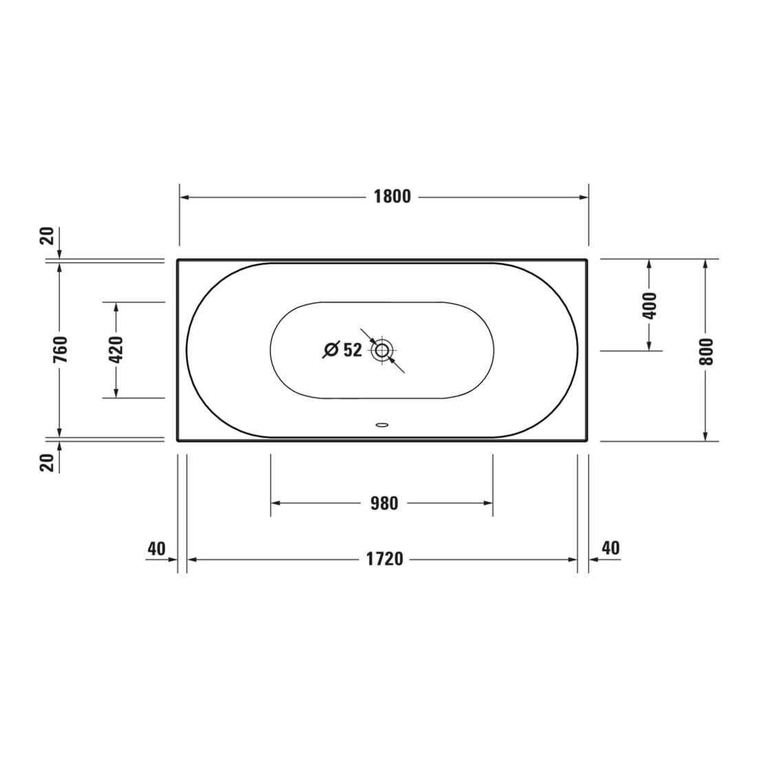 Duravit Rechteck-Badewanne D-Neo 180x80x46,5cm, EB-Version, 2 RS, weiß