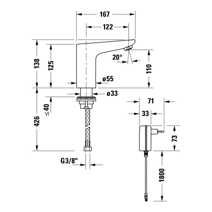 Duravit Robinet lavabo infrarouge Sensor 1 alimentation, sortie 122 mm, régulation temp., chrome