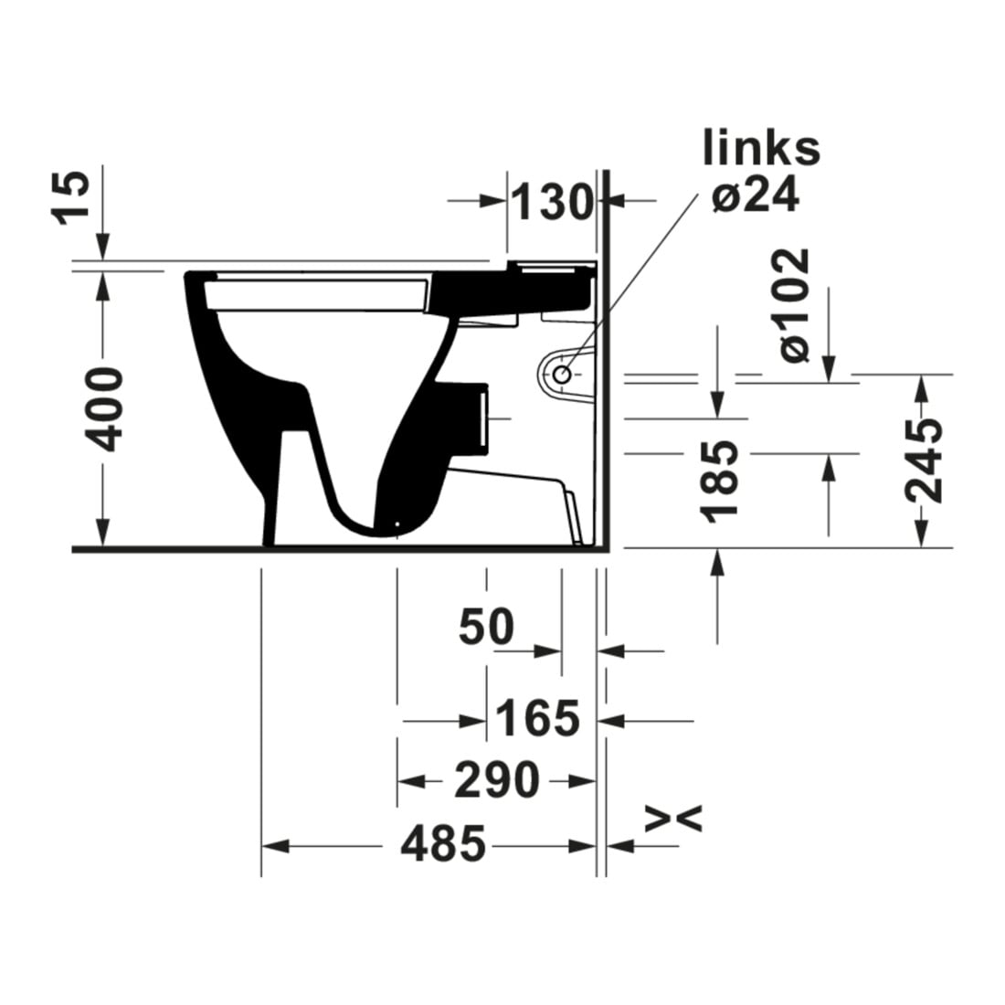 Duravit Stand-WC, Tiefspüler D-Code 37x60cm, 4,5 l, Abgang waagerecht, weiß