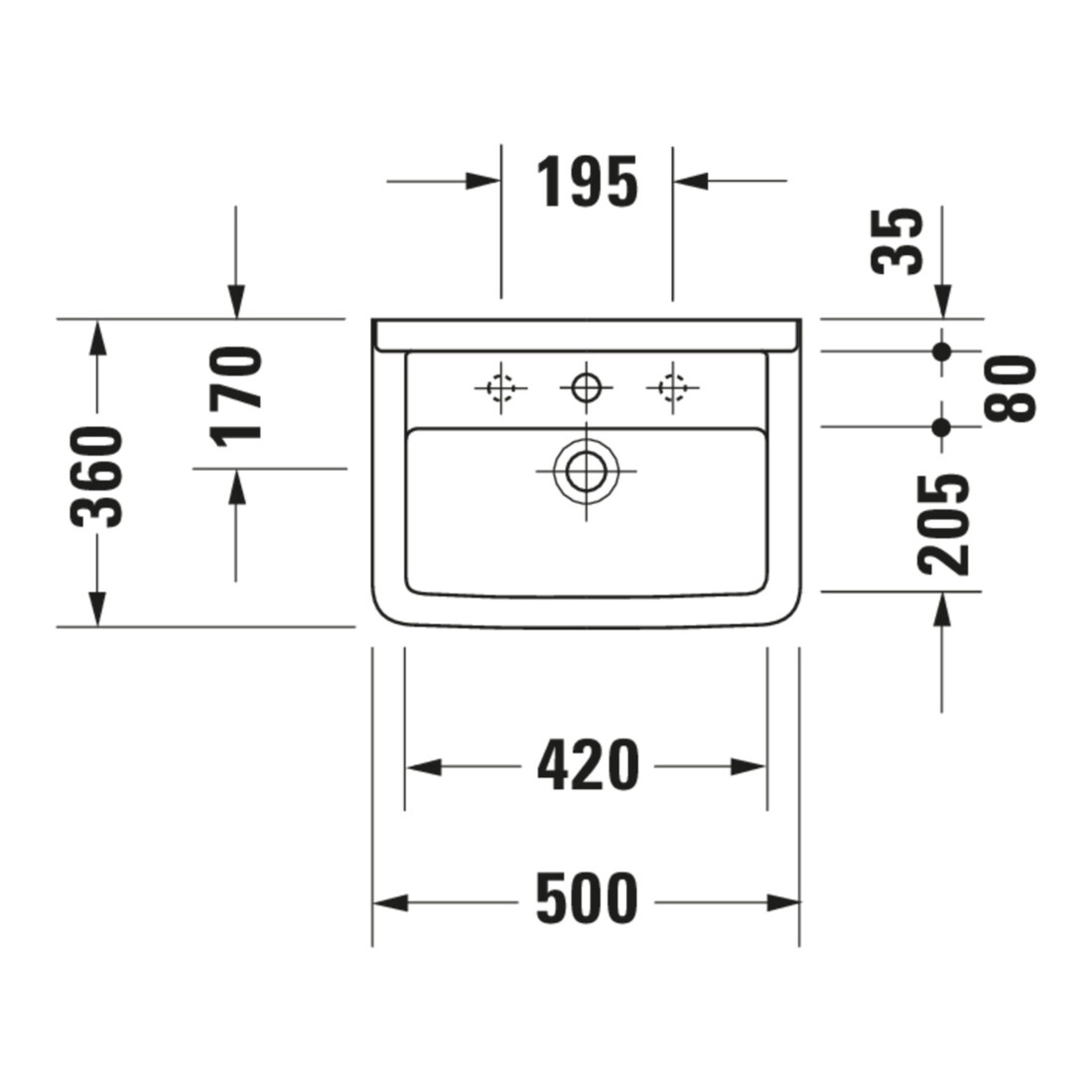 Duravit Starck 3 lavabo 50x36 cm, blanc, m HL, ÜL, plan robinetterie