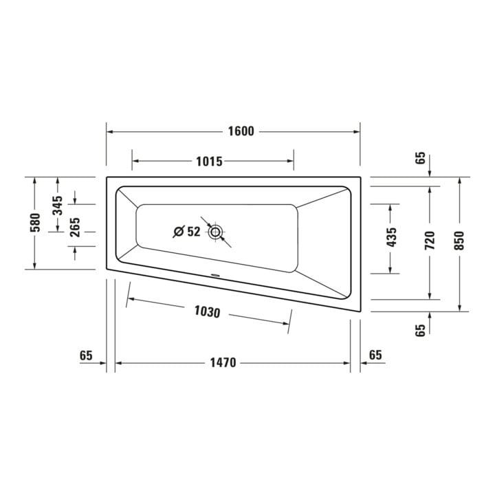 Duravit Trapez-Badewanne No. 1 160x85x46cm, EB-Version, 1 RS re, weiß
