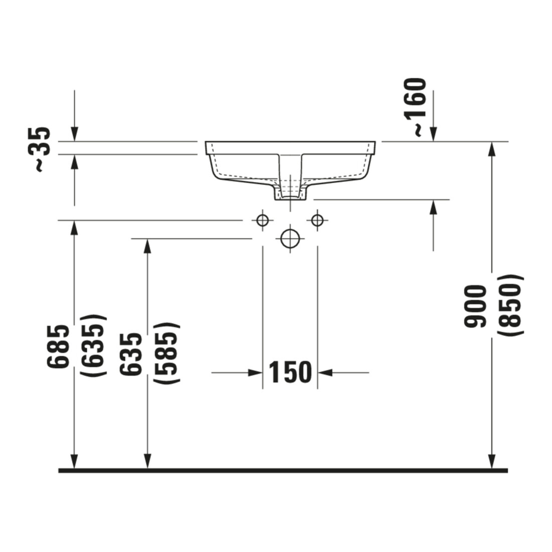 Duravit Vero Lavabo encastré 43x31,5 cm, EB bas, sans trou robinet, avec trop-plein, blanc