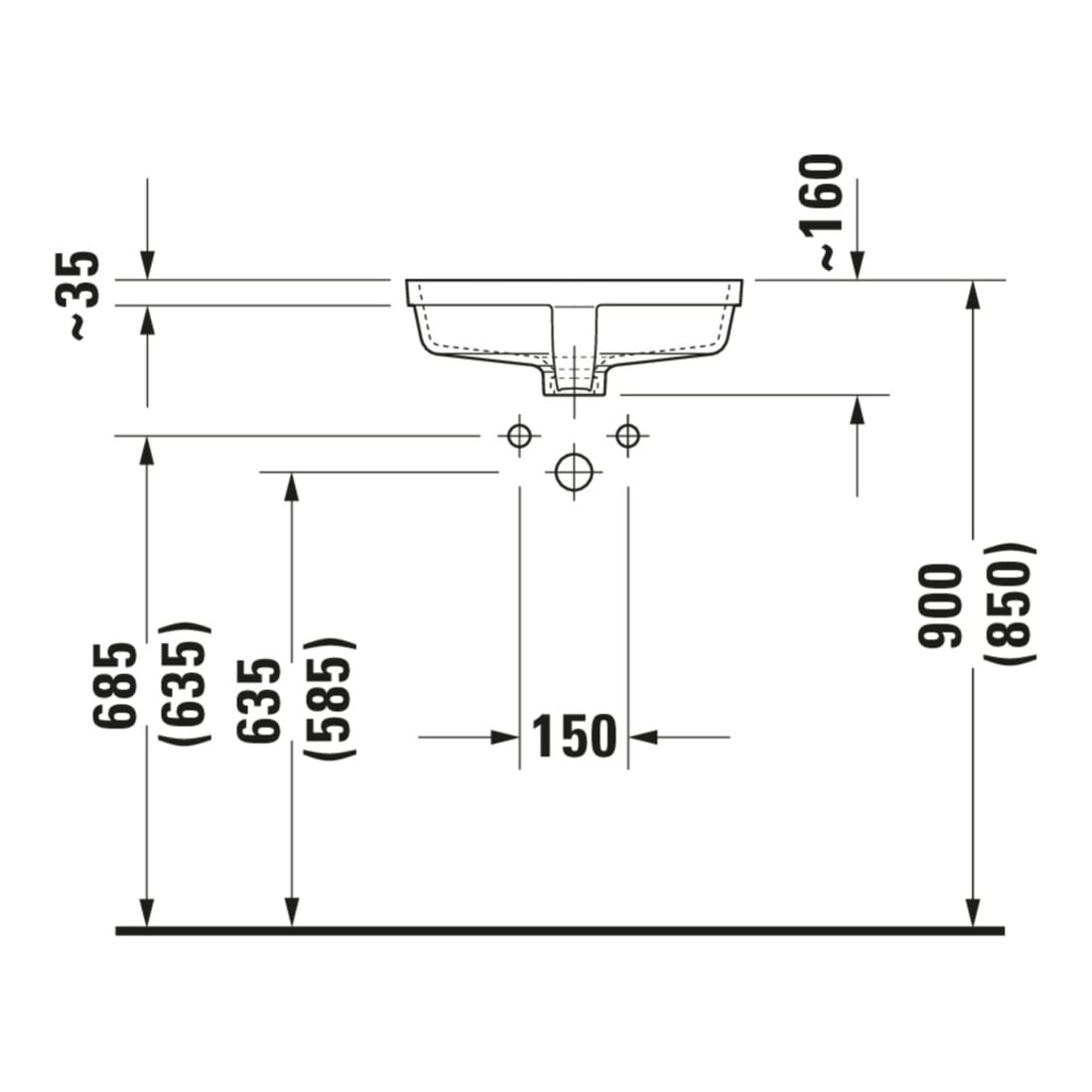 Duravit Vero Lavabo encastré 43x31,5 cm, EB bas, sans trou robinet, avec trop-plein, blanc