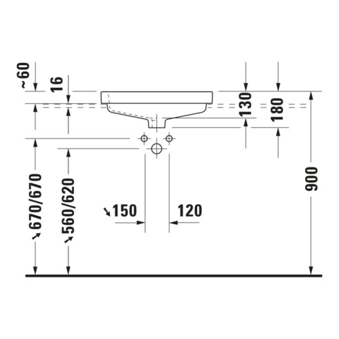 Duravit Vero lavabo encastré 55x46,5 cm, blanc, EB v ob, m HL, ÜL, HLB