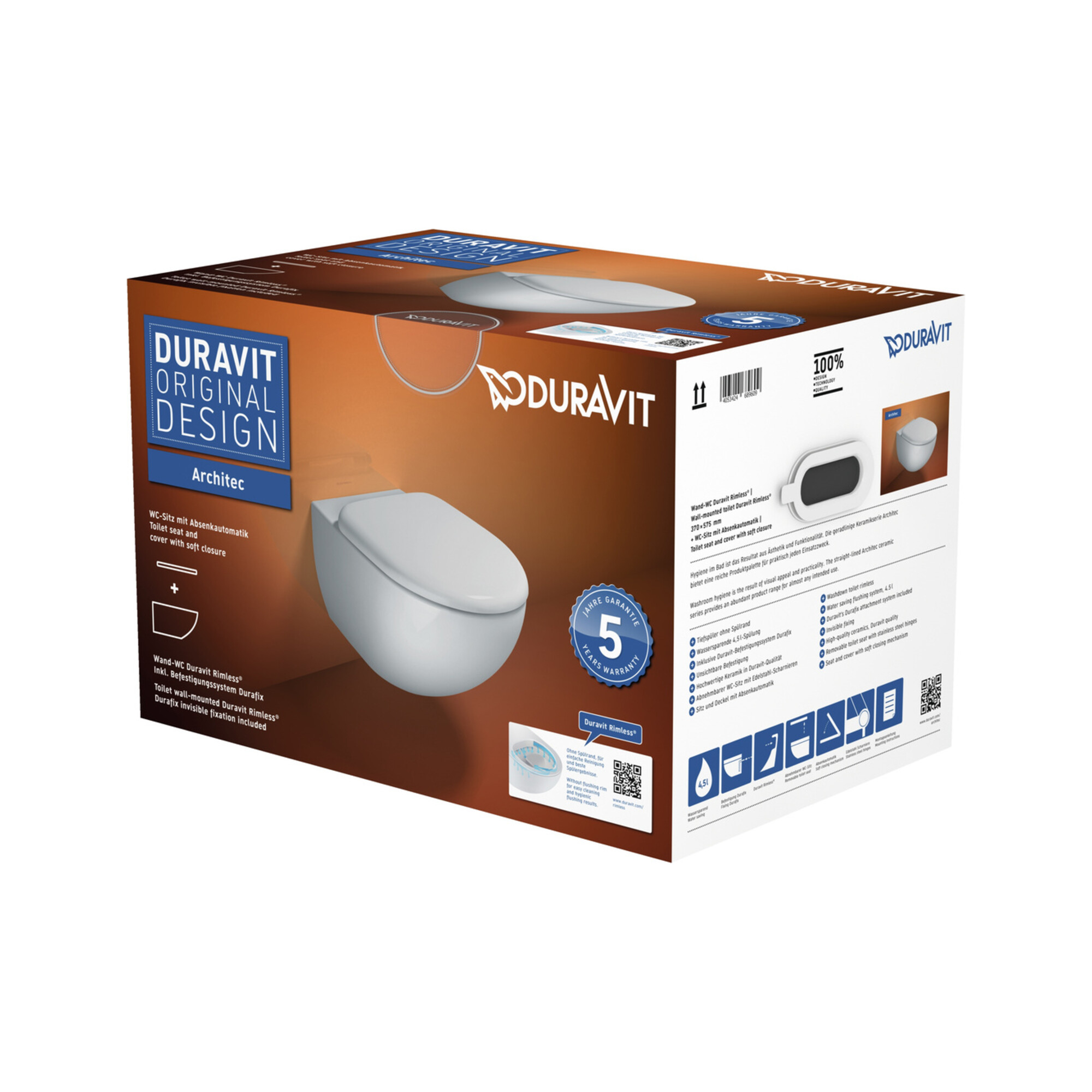 Duravit Wand-WC, Tiefspüler Set Architec Rimless, Durafix, mit WC-Sitz, weiß
