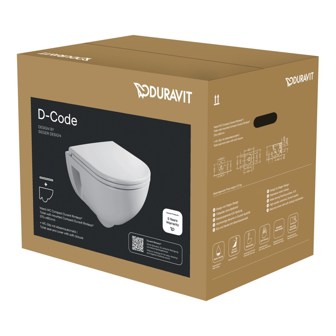 Duravit Wand-WC, Tiefspüler-Set D-Code m Sitz, Absenkaut., riml., we. Hochglanz