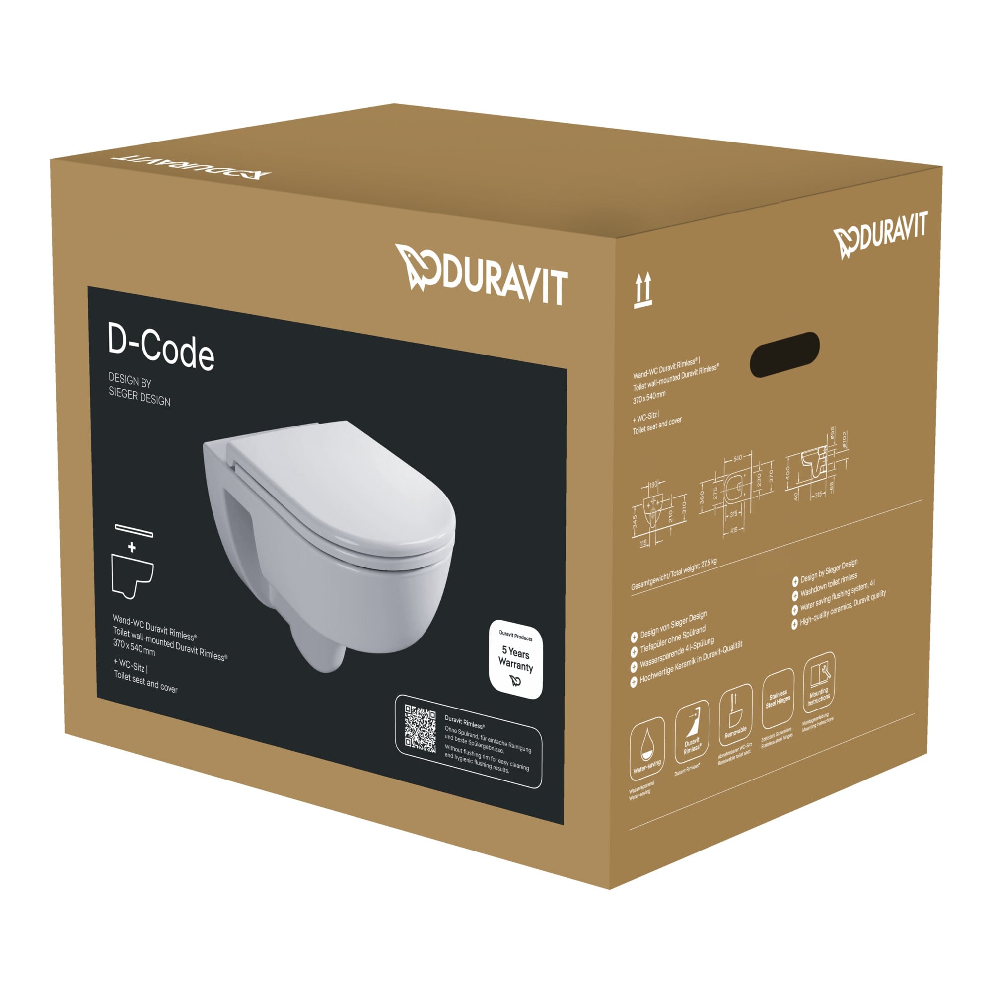 Duravit Wand-WC, Tiefspüler-Set D-Code o. Absenkaut., m WC-Sitz, Rimless, weiß