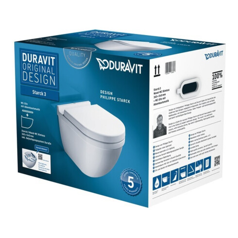 Duravit Wand-WC, Tiefspüler-Set Starck 3 mit WC-Sitz, Rimless, weiß