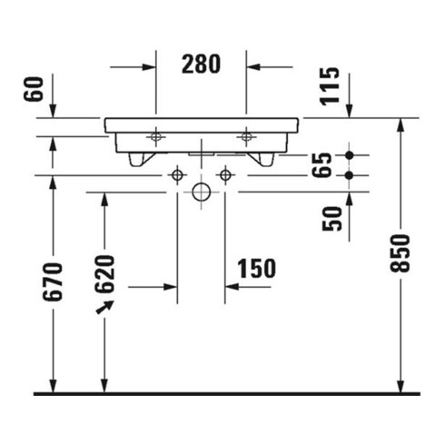 Duravit Waschtisch 2ND FLOOR mit Überlauf, Hahnlochbank, 600 x 430 mm 1 Hahnloch Innenbecken weiß