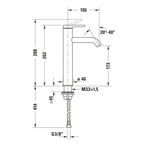 Duravit Waschtisch-Einhebelmischer L FreshStart + -Flow C.1 Ausl. 136mm, o. Zugst.Abl.Gar., chrom