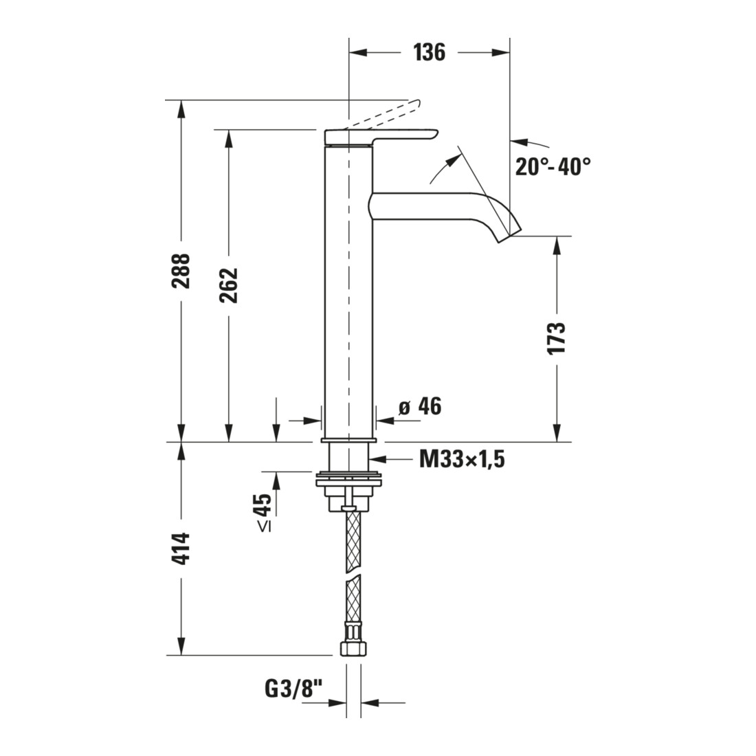 Duravit Waschtisch-Einhebelmischer L FreshStart + -Flow C.1 Ausl. 136mm, o. Zugst.Abl.Gar., sw matt