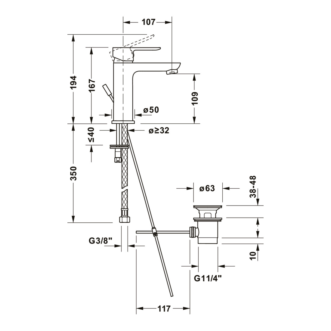 Duravit Waschtisch-Einhebelmischer M Fresh + -Flow D-Code m ZugstAblGar, c, A 107mm, Keramikmisch.
