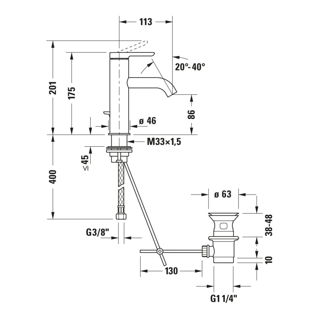 Duravit Waschtisch-Einhebelmischer S FreshStart + -Flow C.1 Ausl. 113mm, m Zugst.Abl.Gar., chrom