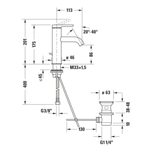 Duravit Waschtisch-Einhebelmischer S FreshStart + -Flow C.1 Ausl. 113mm, m Zugst.Abl.Gar., sw matt