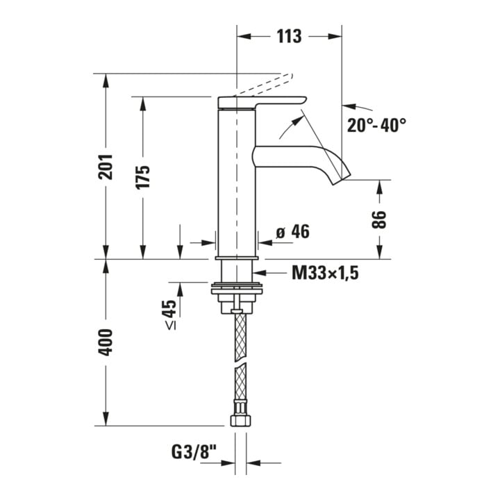 Duravit Waschtisch-Einhebelmischer S FreshStart + -Flow C.1 Ausl. 113mm, o. Zugst.Abl.Gar., chrom