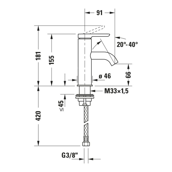 Duravit Waschtisch-Einhebelmischer S FreshStart + -Flow C.1 Ausl. 91mm, o. Zugst.Abl.Gar., chrom
