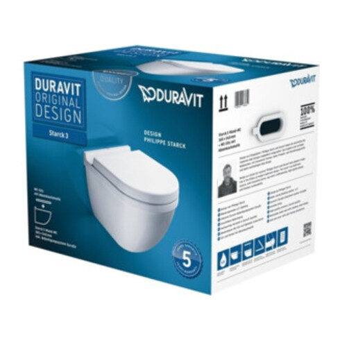 Duravit WC mural, cuvette à chasse profonde Starck 3 avec abattant, blanc