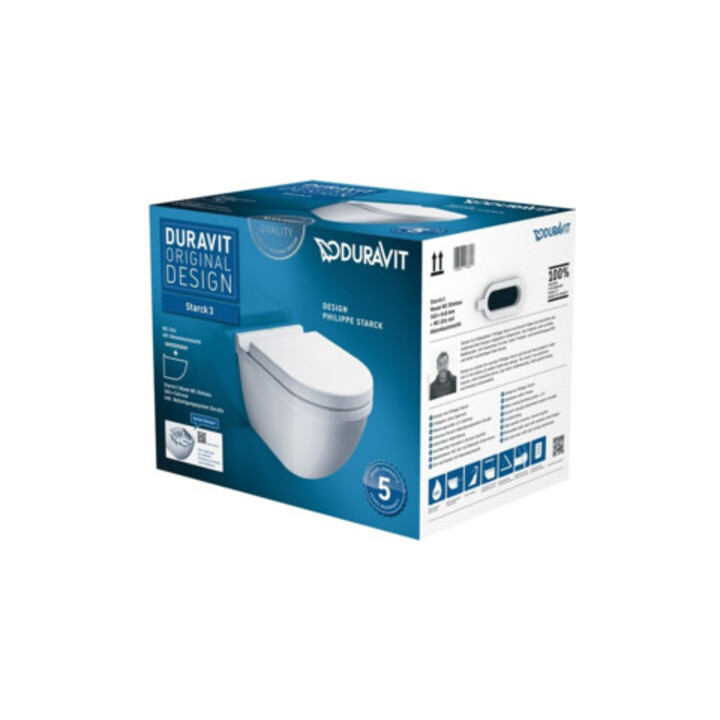 Duravit WC suspendu, cuvette profonde Starck 3 avec siège WC, sans rebord, blanc