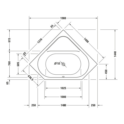 Duravit Whirlwanne D-Code 140x140cm, E, EB-Vers, 2 RS, w, J Proj.