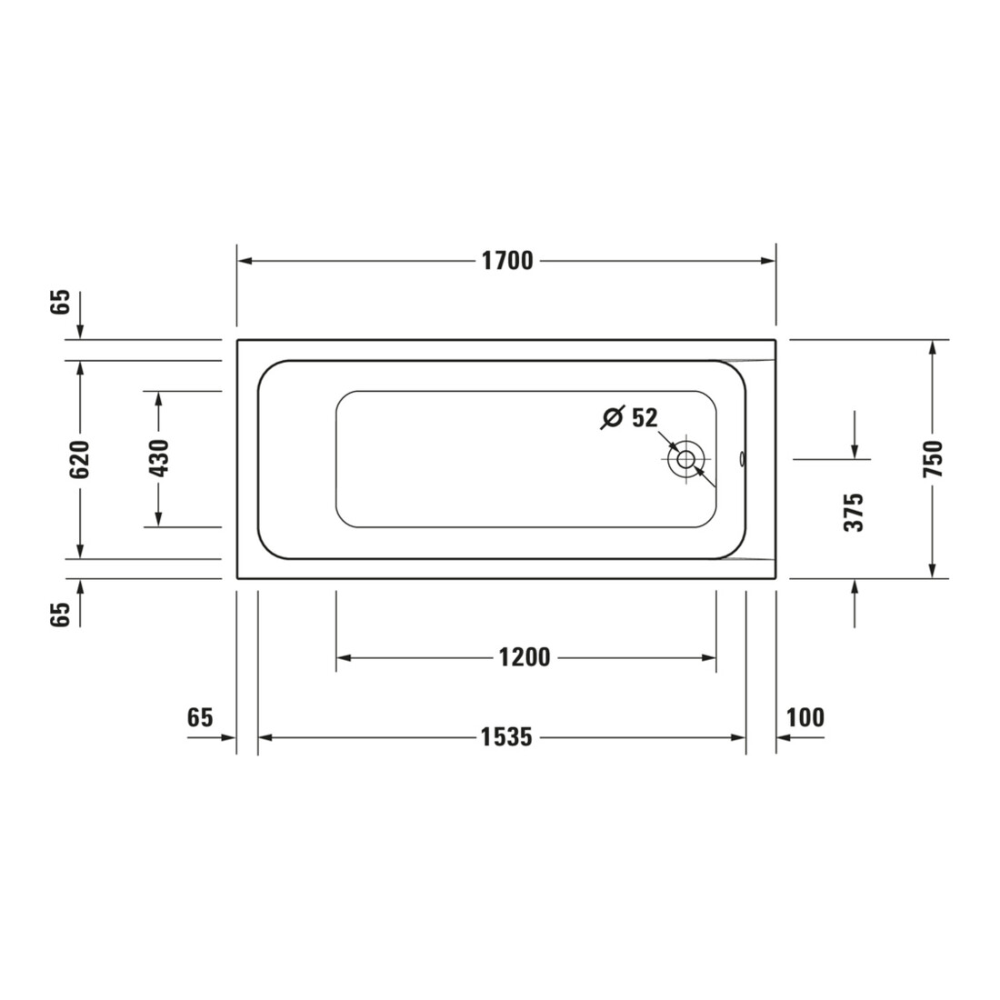 Duravit Whirlwanne D-Code 170x75cm, EB-Version, 1 RS, we., J Proj.