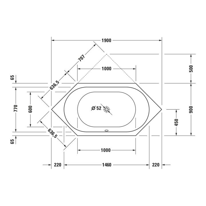 Duravit Whirlwanne D-Code 190x90 m, 6-eck, EB-Vers, we., J Proj.