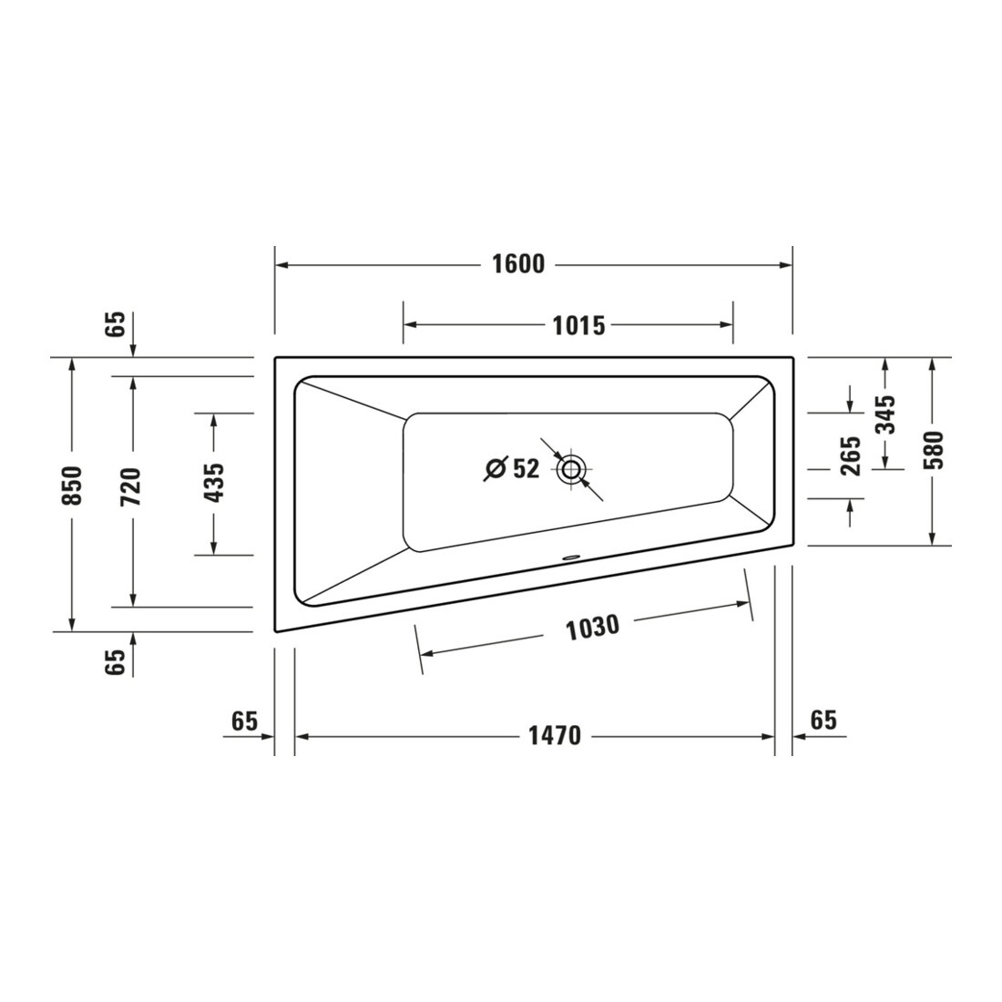 Duravit Whirlwanne No. 1 160x85cm, 140 l, EB-Vers, 1 RS li, we.