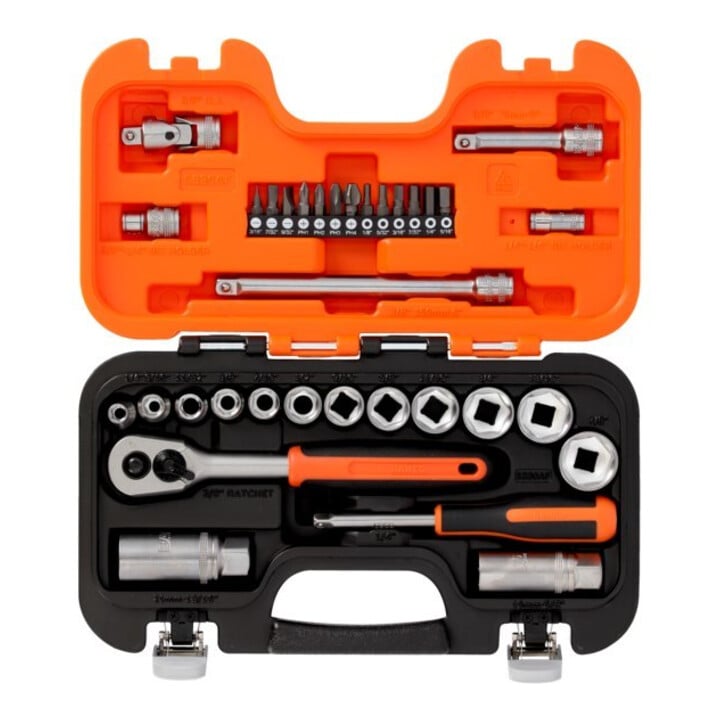 E/D/E Jeu de clés à douille 1/4" + 3/8" 34 pièces pouce mat en acier rapide haute performance