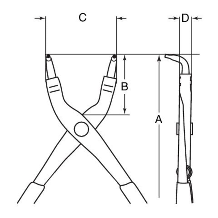 E/D/E Pince à circlips intérieure 90° coudée 210 mm