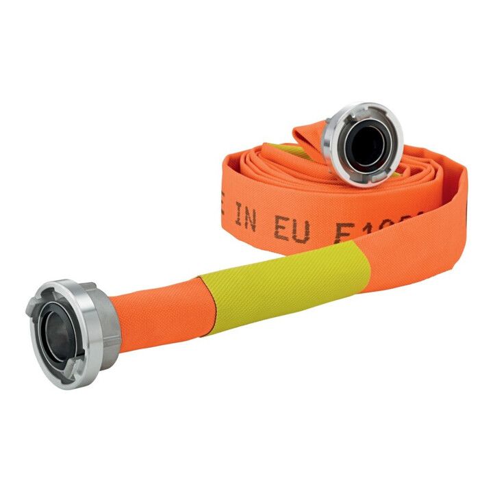 E/D/E Tuyau plat de construction et industriel C/52 mm orange avec 2 glissières de fuite STORZ