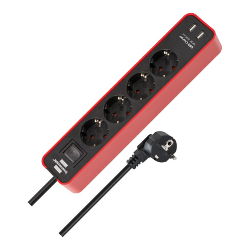Ecolor Steckdosenleiste mit USB-Ladefunktion 4-fach rot/schwarz 1,5m