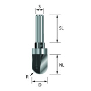 Edessö Fresa per canali d'acqua HW- (HM), Z=2, con cuscinetto a sfera sul lato del gambo, ø12 NL12, GL48 S8 W R6-1