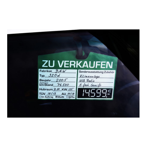 Eichner Verkaufsschild zur Befestigung am Innenspiegel