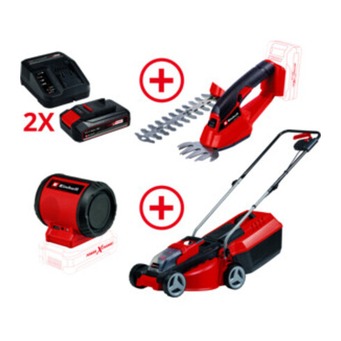 Einhell Akku-Rasenmäher + Akku-Gras- und Strauchschere + 2x 2,5 Ah Starter-Kit + Akku-Lautsprecher