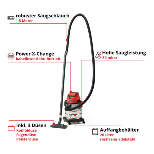 Einhell Aspirateur eau et poussière sans fil TC-VC 18/20 Li S-Solo