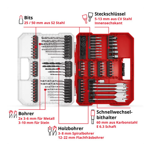 Einhell Bit- und Bohrer-Set XL-CASE 95-tlg., Bits, Bohrer, Schnellwechselbithalter, Steckschlüssel, Bohrstopper inkl. Aufbewahrungsbox