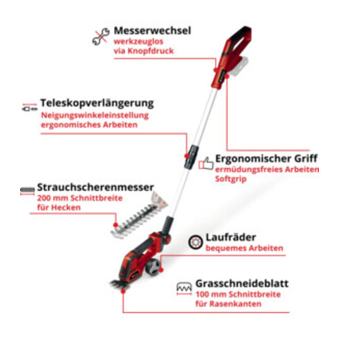 Einhell Cisaille à gazon et arbustes sans fil GE-CG 18/100 Li T-Solo