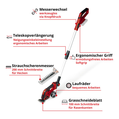 Einhell Cisaille à gazon et arbustes sans fil GE-CG 18/100 Li T-Solo