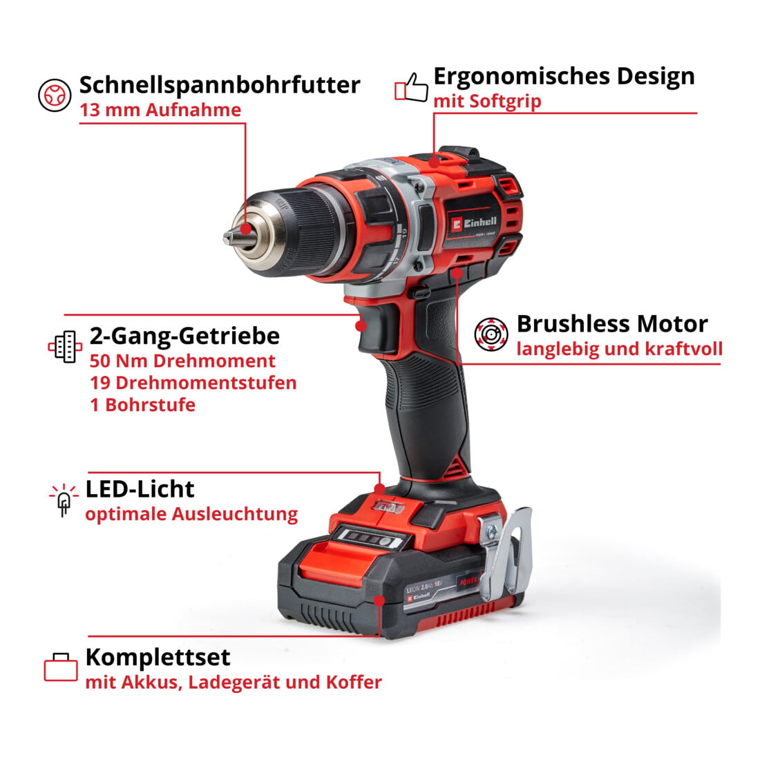 Einhell Perceuse-visseuse sans fil TE-CD 18/50 Li BL (2x2,0Ah)