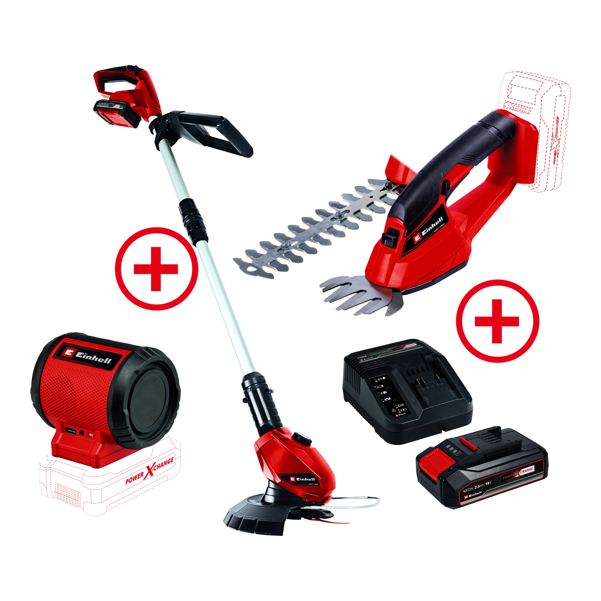 Einhell Rasentrimmer inkl. 2,0 Ah Starter-Kit + Gras-und Stauchschere + 2,5 Ah Starter-Kit + Akku-Lautsprecher