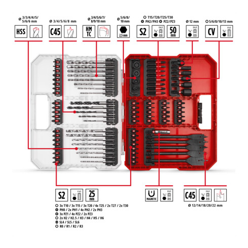 Einhell schlagfestes Bit- und Bohrer-Set XL-CASE 95-tlg., Bits, Bohrer, Bithalter, Steckschlüssel, Bohrstopper inkl. Aufbewahrungsbox