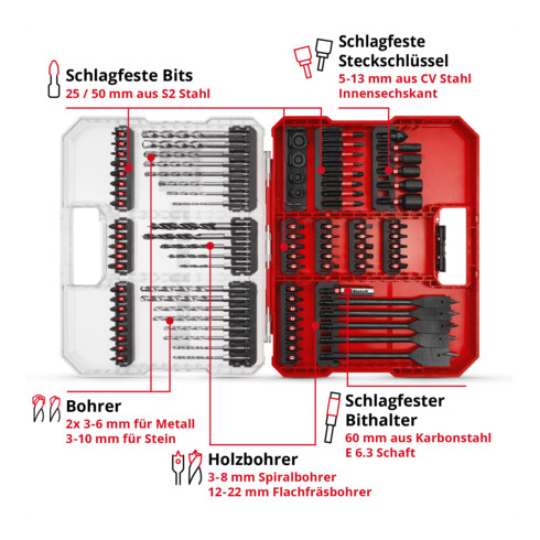 Einhell schlagfestes Bit- und Bohrer-Set XL-CASE 95-tlg., Bits, Bohrer, Bithalter, Steckschlüssel, Bohrstopper inkl. Aufbewahrungsbox