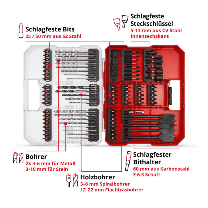 Einhell schlagfestes Bit- und Bohrer-Set XL-CASE 95-tlg., Bits, Bohrer, Bithalter, Steckschlüssel, Bohrstopper inkl. Aufbewahrungsbox