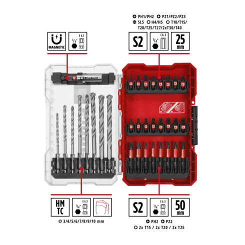 Einhell schlagfestes Bit- und Steinbohrer-Set M-CASE 33-tlg., 25-mm-Bits, 50-mm-Bits, Steinbohrer, 60-mm-Bithalter inkl. Aufbewahrungsbox