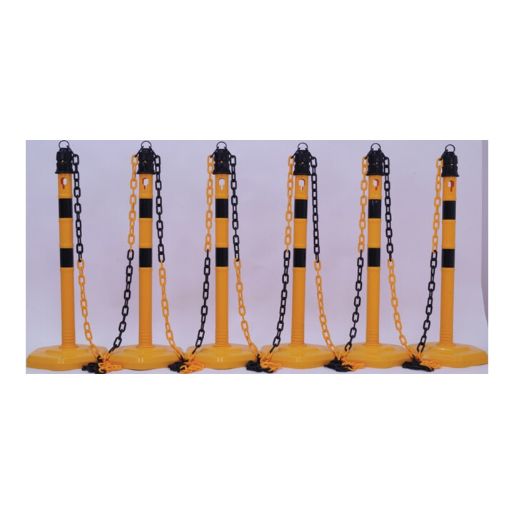 Ensemble de potelets de blocage PU jaune/noir avec pied 6 pans D63xH1000mm 6 pot
