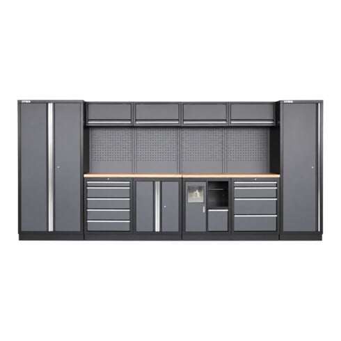 Equipement d'atelier STIER Basic 6 pièces avec panneau perforé et plan de travail en bois multiplis lxPxH 4 235x460x2 000 mm
